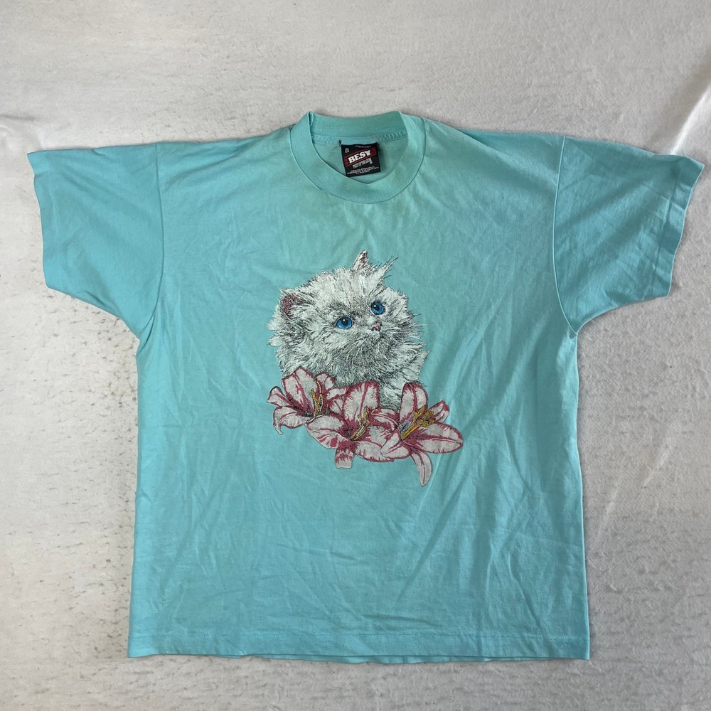 Best Fruit of the Loom T-Shirt XL Teal Vintage Cat Floral Graphic Single Stitch